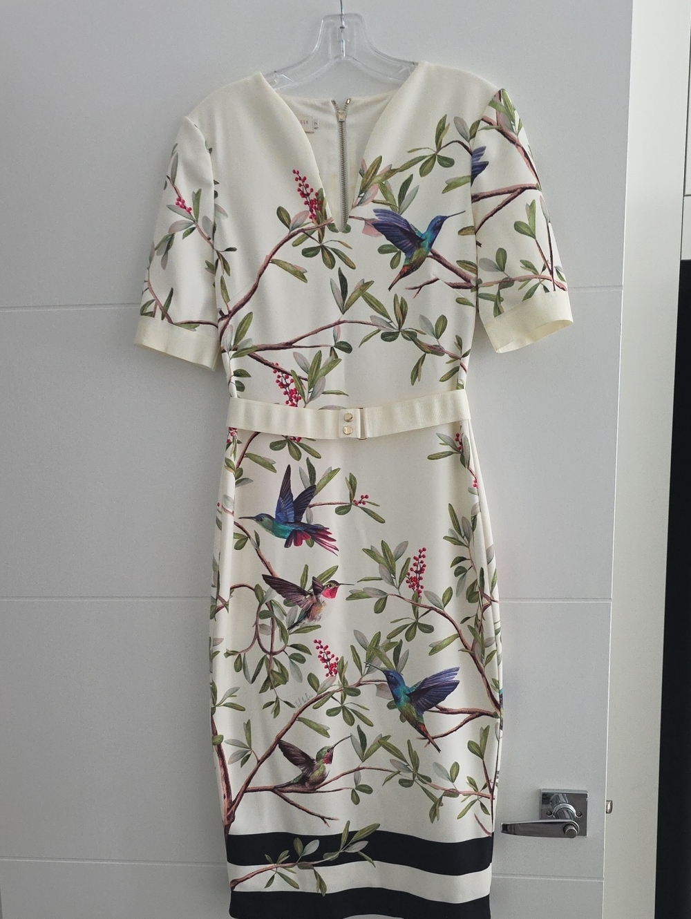 Ted Baker Cream Midi Dress with Multicolor Hummingbird Print